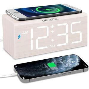 NWOT DreamSky Wooden Digital Alarm Clock with Wireless Charging for Bedroom